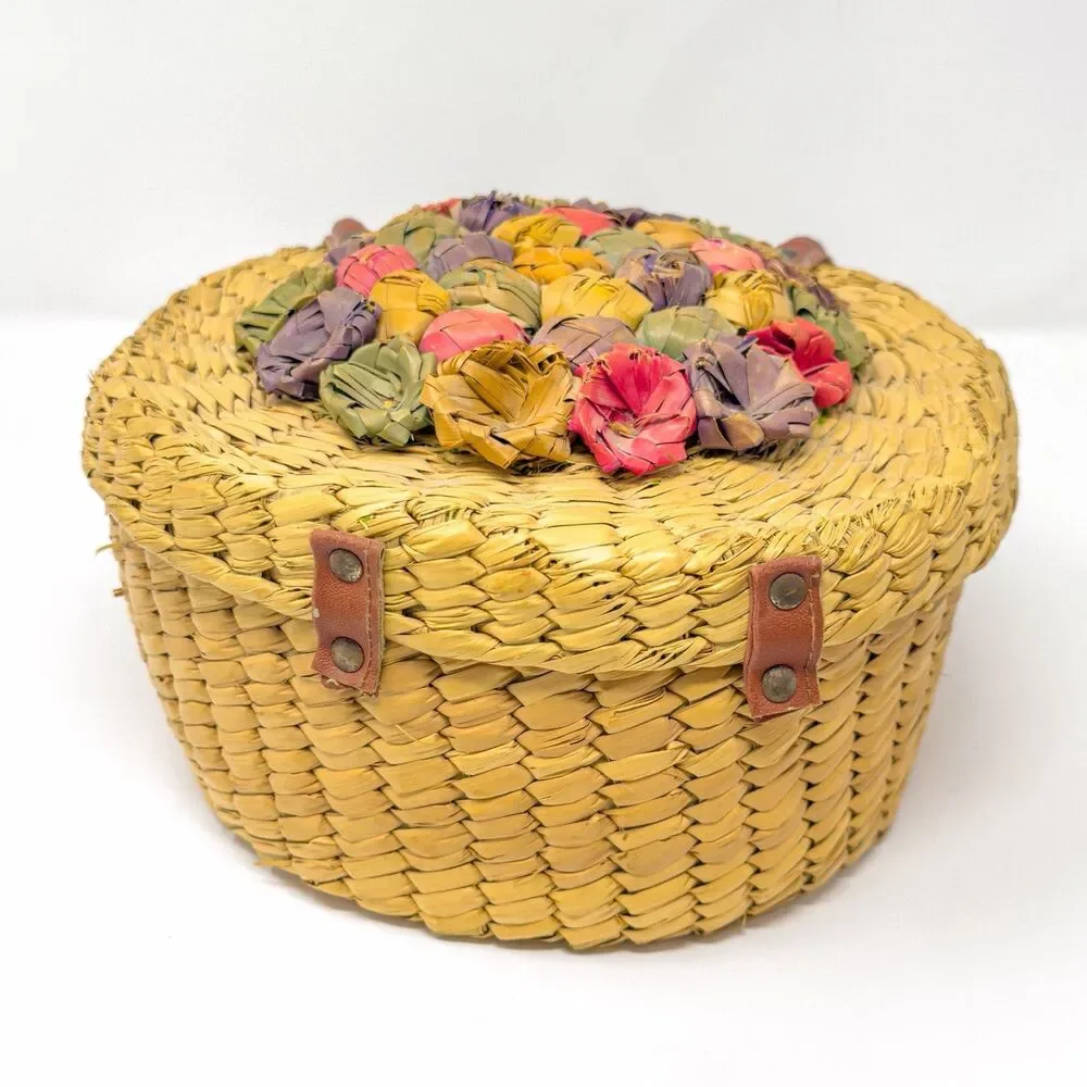 Vintage Woven Straw Sewing Basket Floral Lid Leather Handle Round Boho Bag
